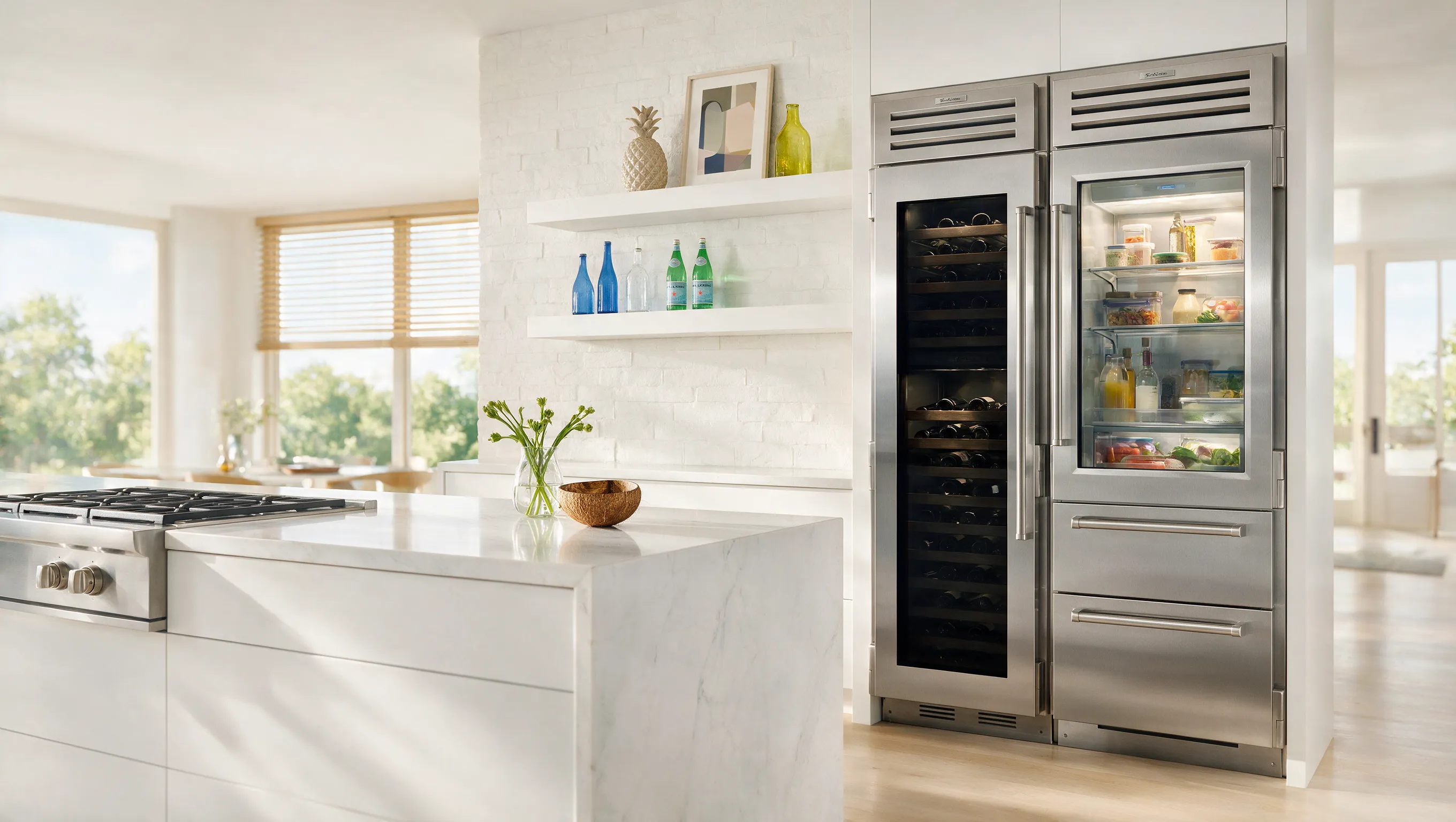 Built-in Sub-Zero wine cooler and refrigerator in a premium kitchen