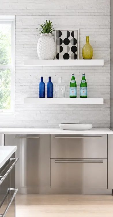 Luxury kitchen with a built-in stainless steel refrigerator, professional range and blue accent lighting